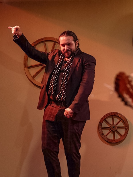Flamenco dancer performing at Tablao La Cantaora in Seville with guitarist in foreground.