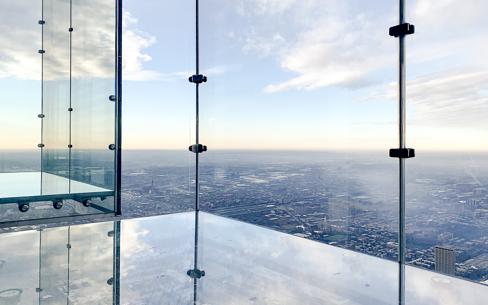 View from the Skydeck at Willis Tower, Chicago, overlooking the cityscape.
