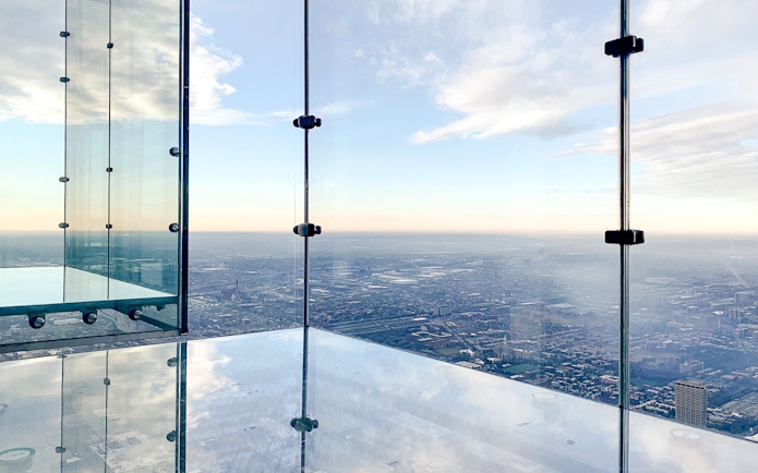 View from the Skydeck at Willis Tower, Chicago, overlooking the cityscape.
