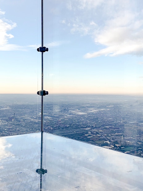 View from the Skydeck at Willis Tower, Chicago, overlooking the cityscape.