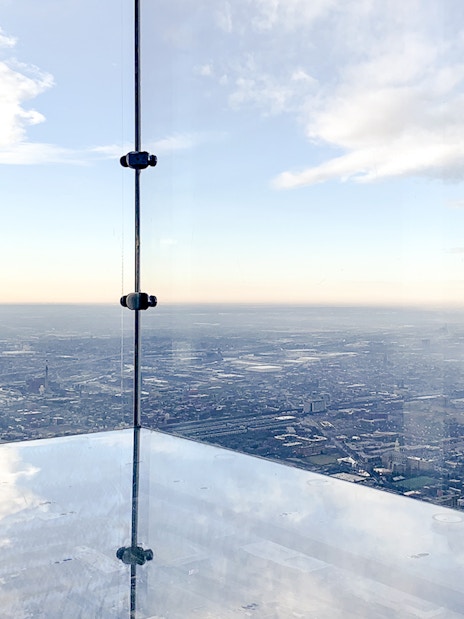 View from the Skydeck at Willis Tower, Chicago, overlooking the cityscape.