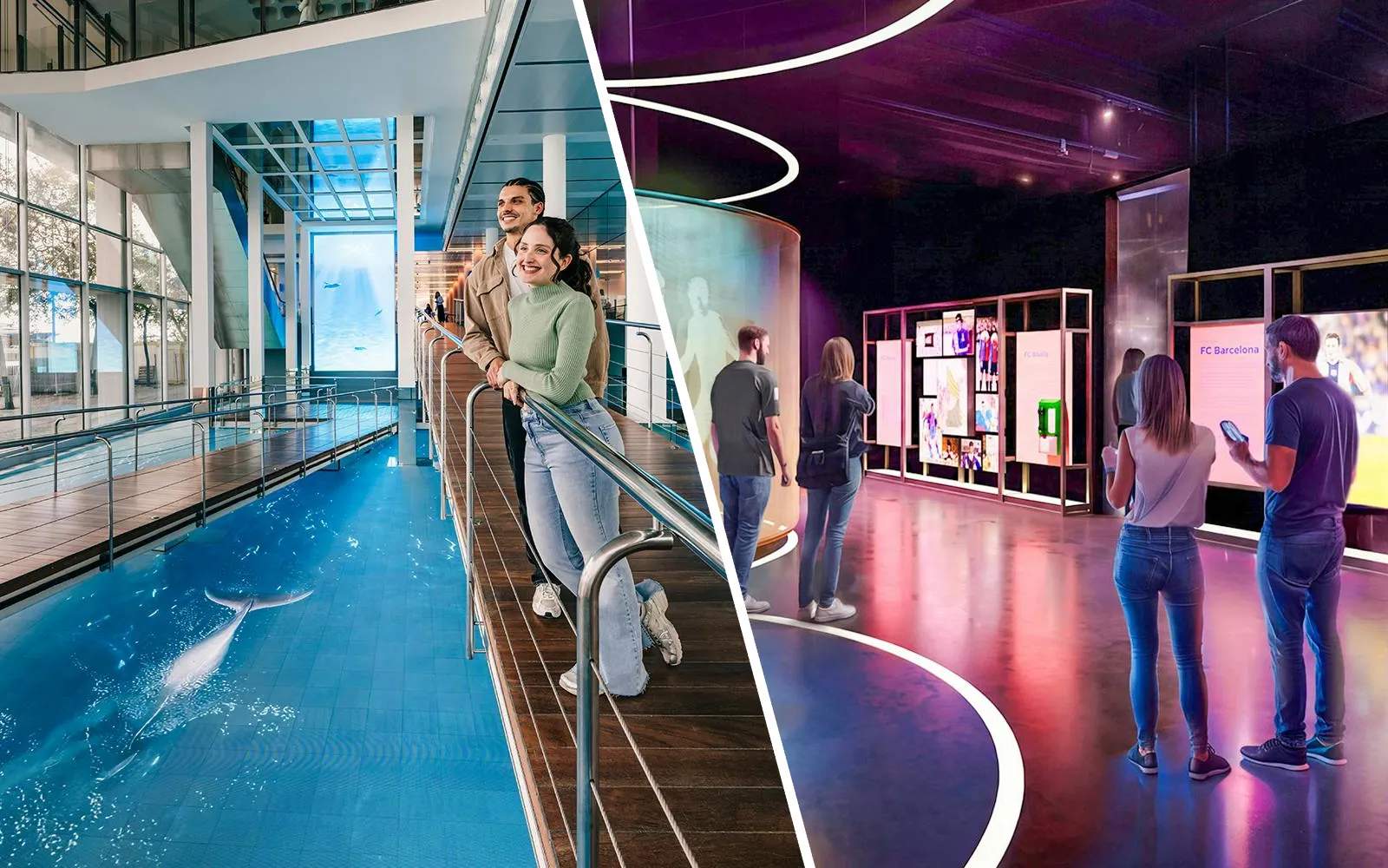 Visitors exploring Andres Iniesta Exhibition with interactive displays and aquatic-themed walkway.