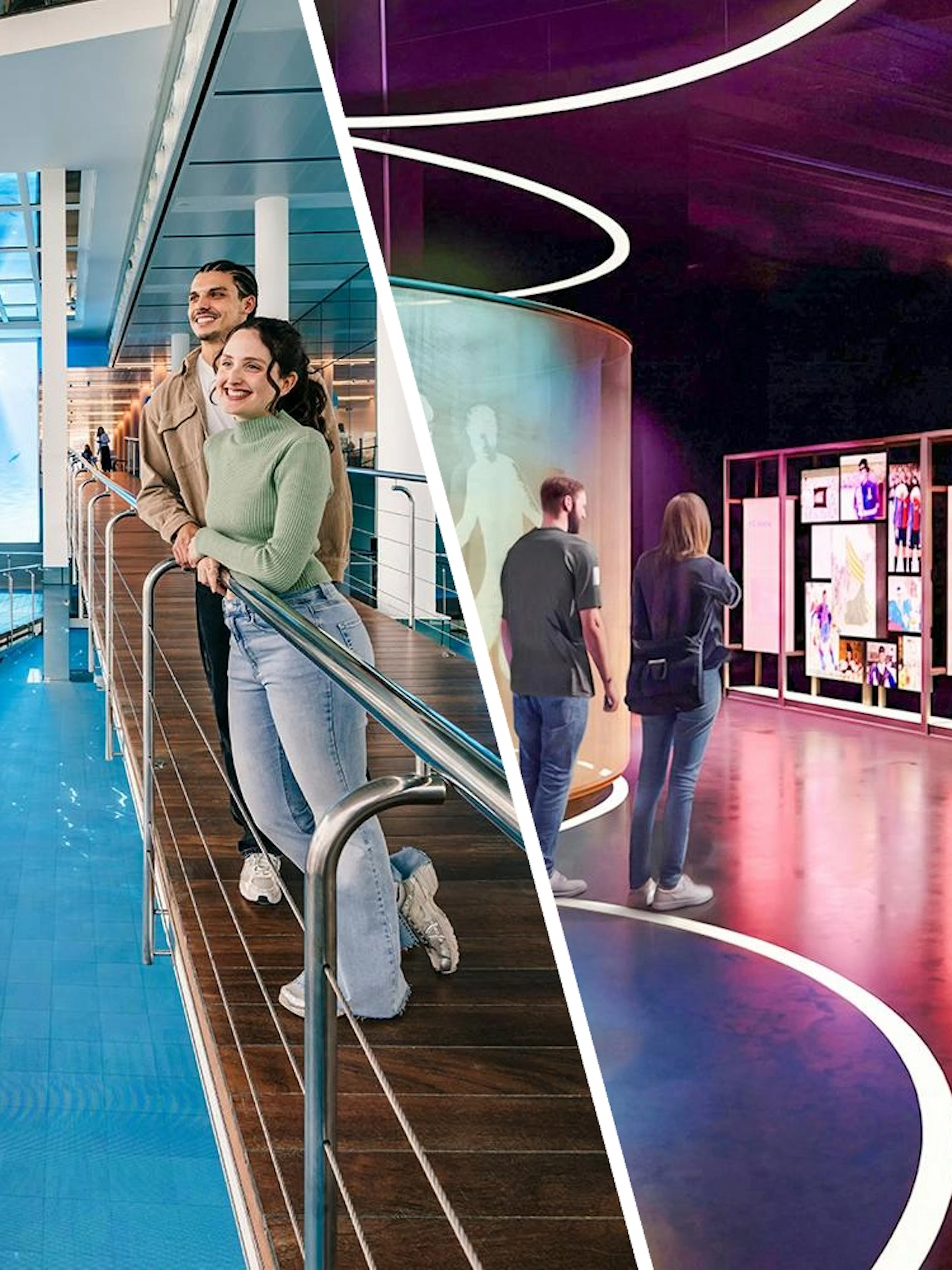 Visitors exploring Andres Iniesta Exhibition with interactive displays and aquatic-themed walkway.