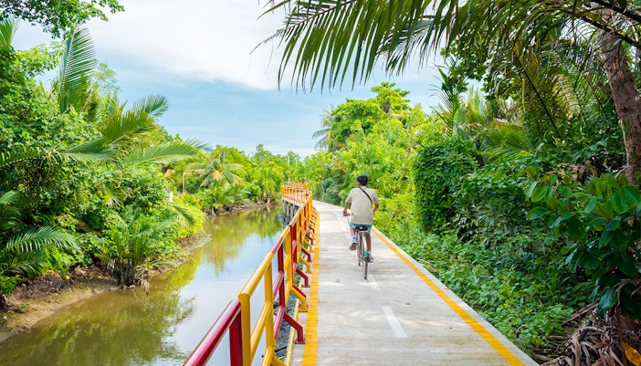 Young man cycling through lush greenery in Bang Krachao, Thailand.