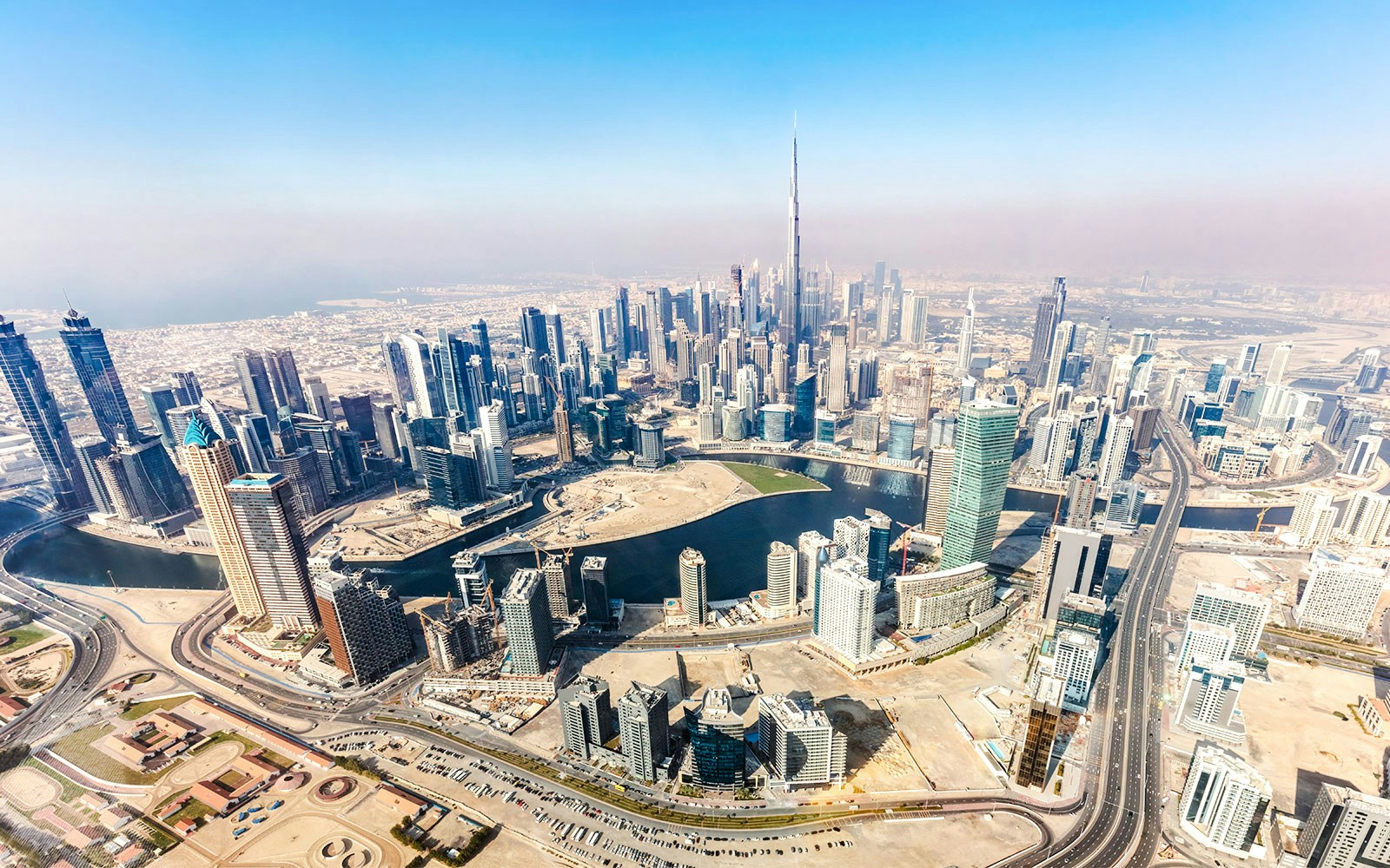 Aerial view of Dubai downtown skyscrapers with Burj Khalifa.