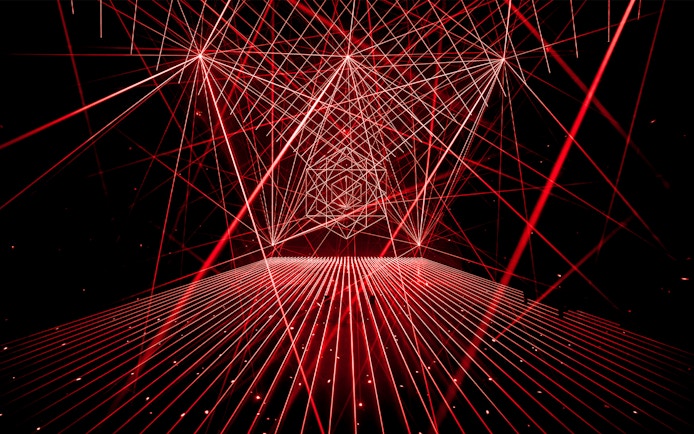 Red laser light installation at AMAZE Amsterdam Immersive Experience.
