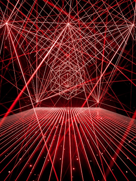 Red laser light installation at AMAZE Amsterdam Immersive Experience.