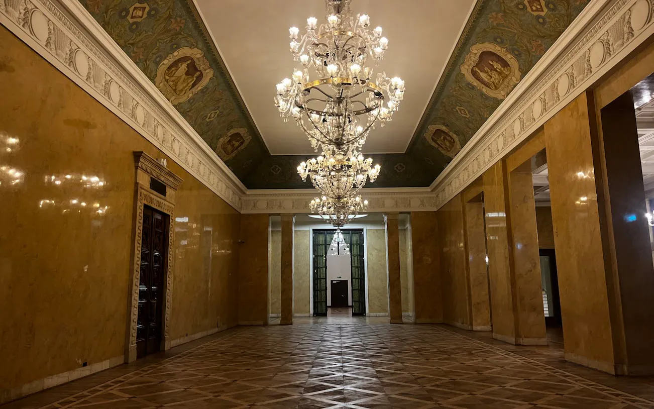 Chandeliers and ornate ceiling in the Palace of Culture and Science, Warsaw.