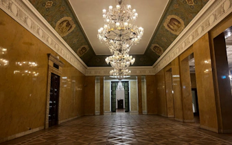 Chandeliers and ornate ceiling in the Palace of Culture and Science, Warsaw.
