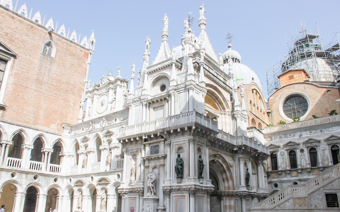 Doge's Palace courtyard with ornate architecture in Venice, Italy.