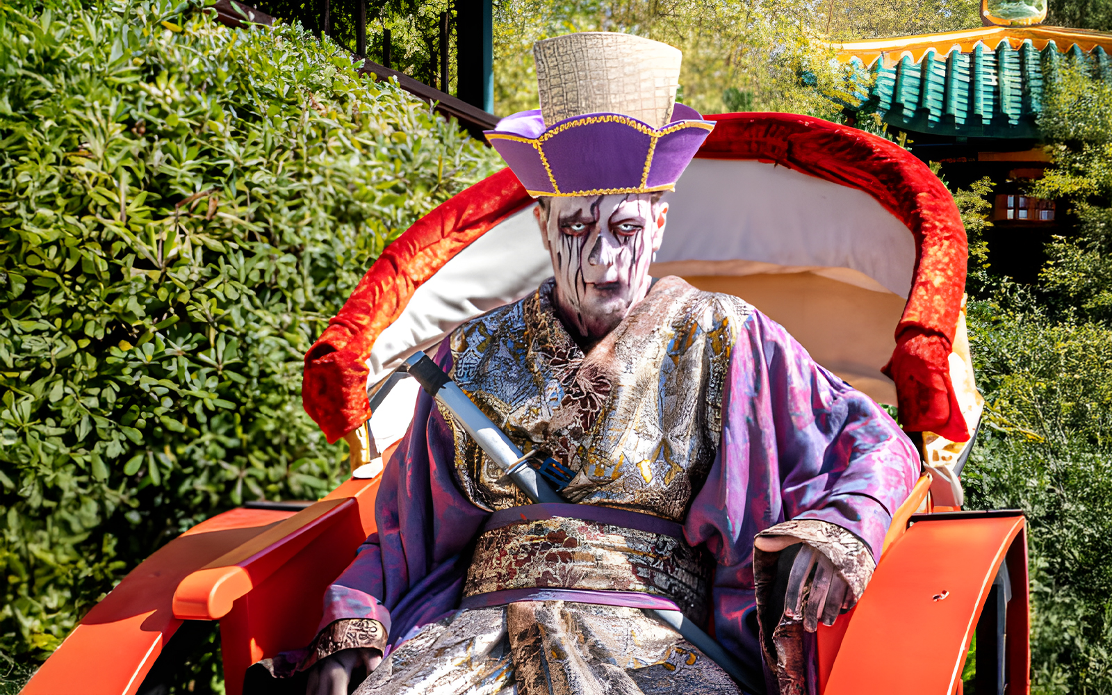 Performers in costume at Port Aventura's Scare Zone: La Maldición del Emperador show, Spain.