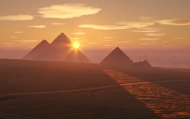 Sunset view of the Great Pyramids of Giza for a virtual reality experience.