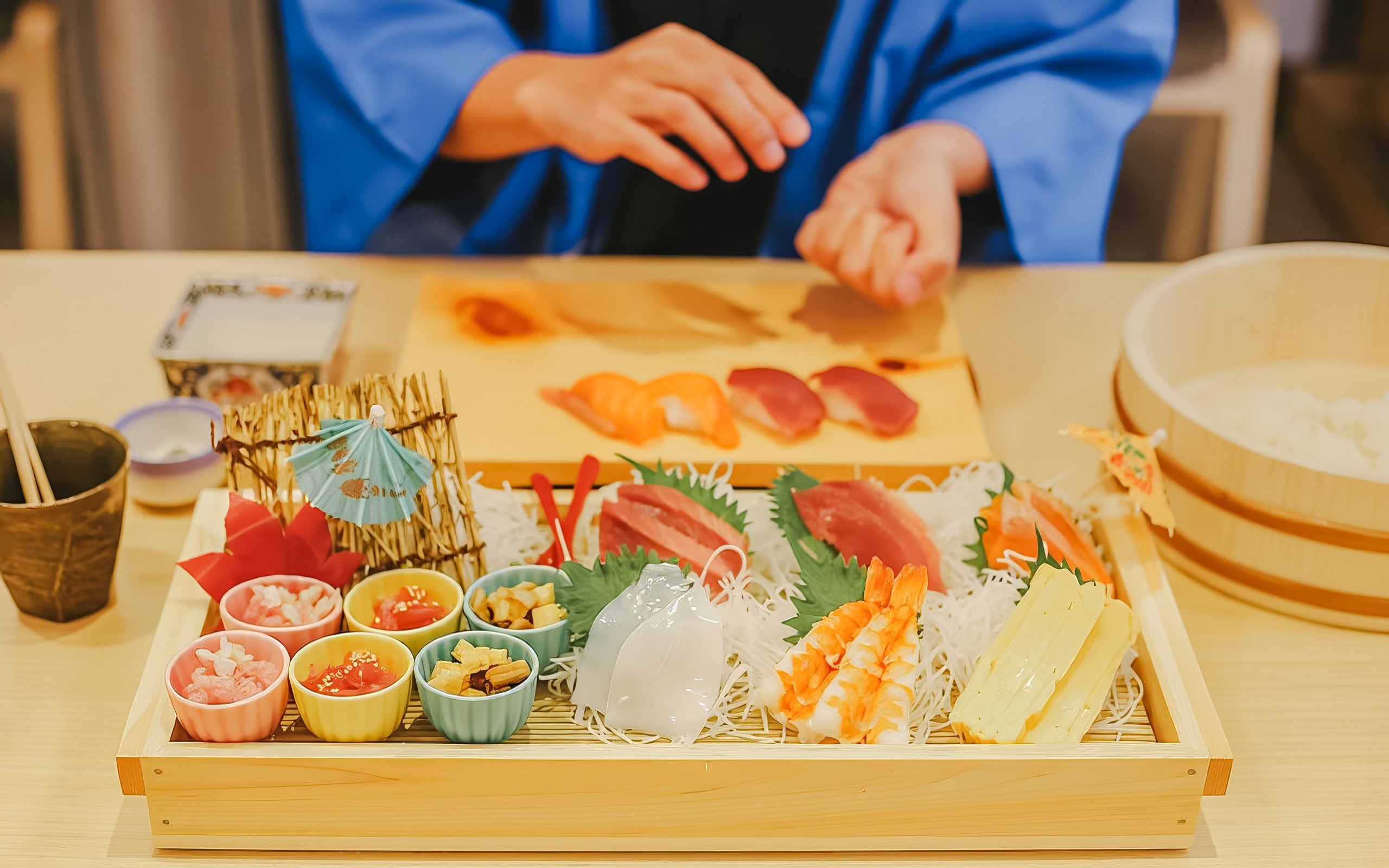 Tourist preparing sushi with assorted ingredients near Tokyo Tower.