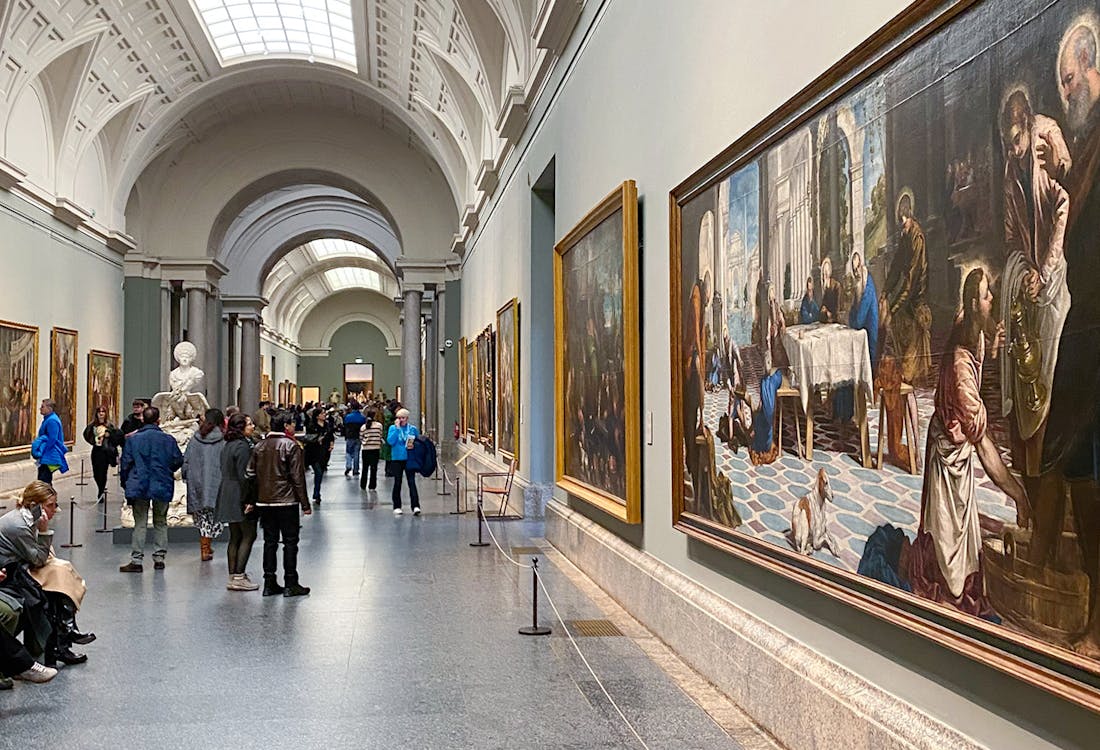 Prado Museum facade in Madrid showcasing intricate architectural details.
