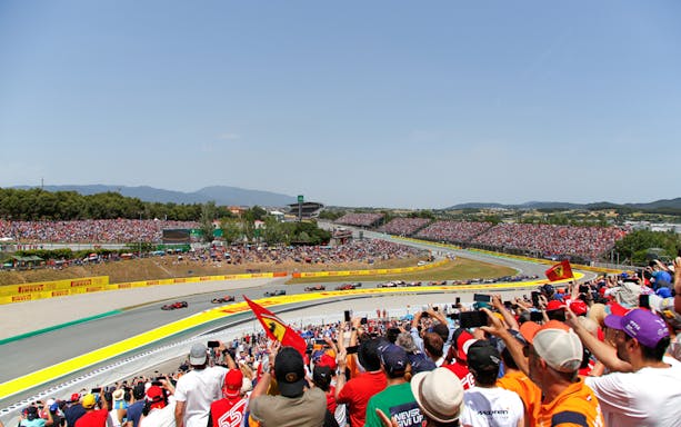 Grandstand view of Formula 1 race at Circuit de Barcelona-Catalunya.