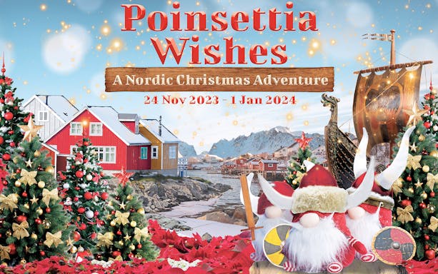 Nordic Christmas scene with decorated trees, Viking ship, and snowy village houses.