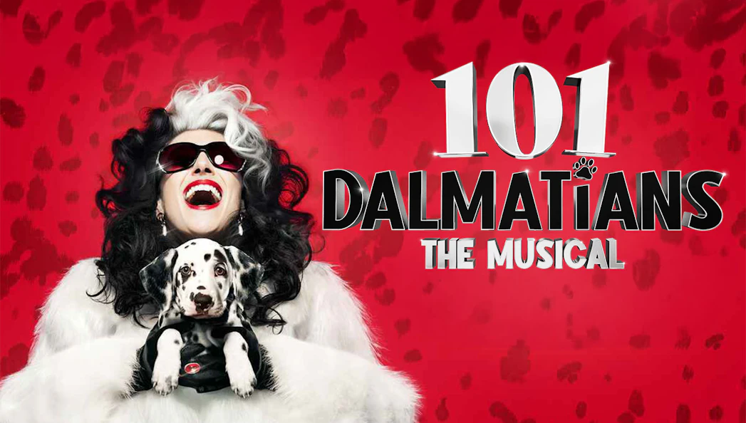 101 Dalmatians Musical poster with character holding a Dalmatian puppy, New Wimbledon Theatre, London.