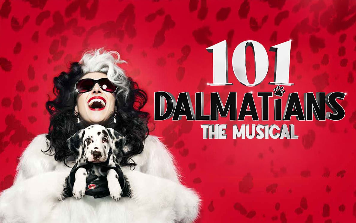 101 Dalmatians Musical poster with character holding a Dalmatian puppy, New Wimbledon Theatre, London.