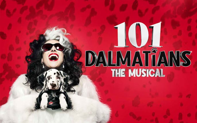 101 Dalmatians Musical poster with character holding a Dalmatian puppy, New Wimbledon Theatre, London.