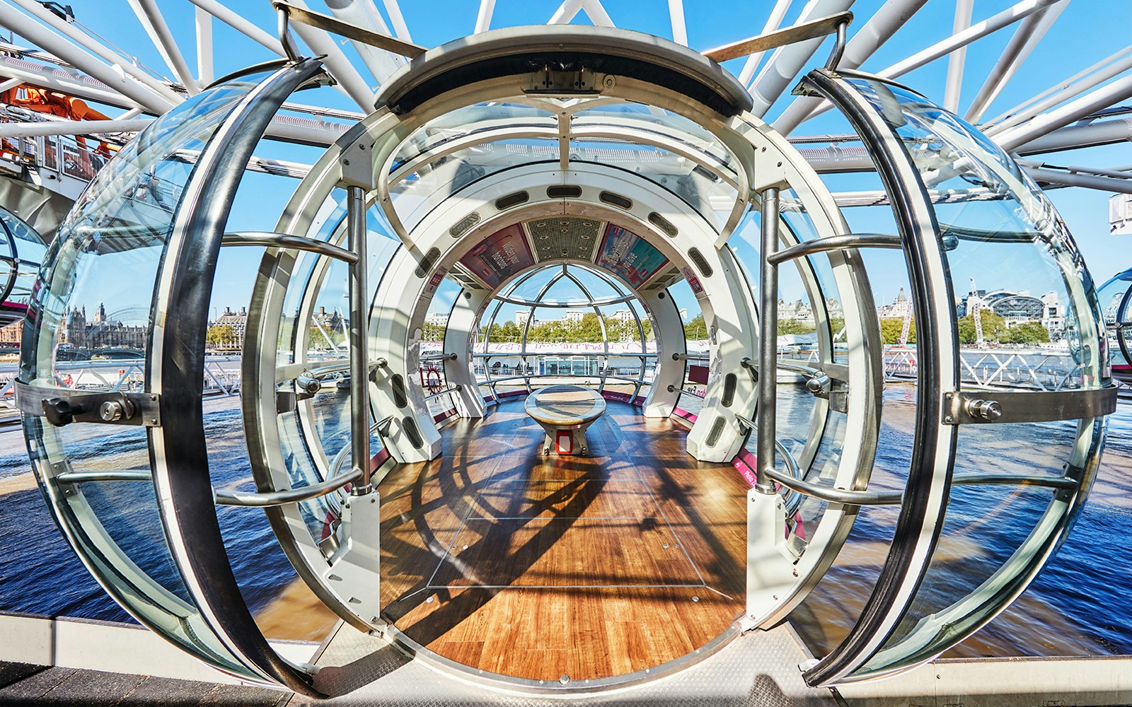 London Eye capsule interior with Thames River view.