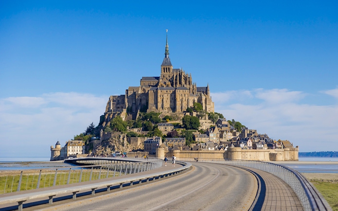 Mont Saint Michel abbey and causeway in Normandy, France.