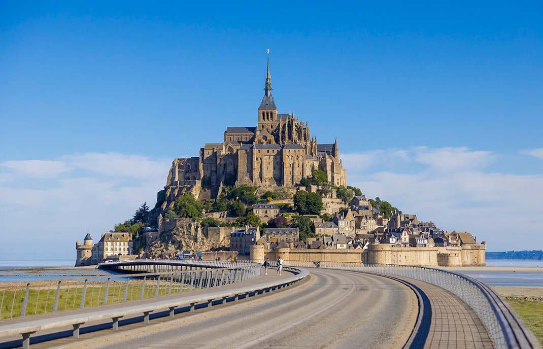 Mont Saint Michel abbey and causeway in Normandy, France.