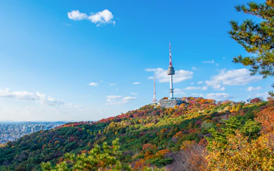 N Seoul Tower on Namsan Mountain with autumn foliage in Seoul, South Korea.