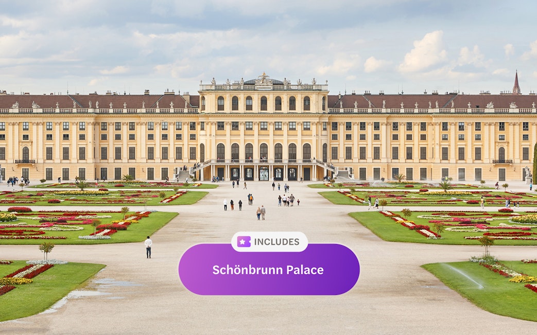 Schonbrunn Palace in Vienna with gardens and visitors.