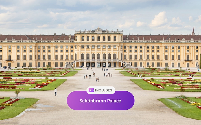 Schonbrunn Palace in Vienna with gardens and visitors.