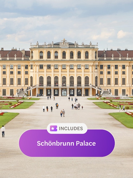 Schonbrunn Palace in Vienna with gardens and visitors.