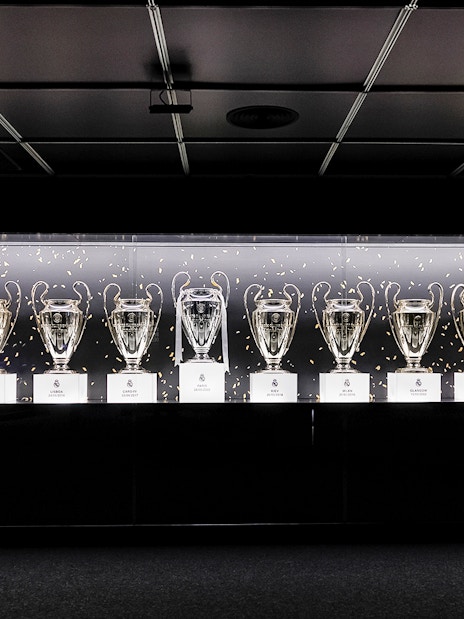 Trophies on display at Santiago Bernabeu Stadium tour.