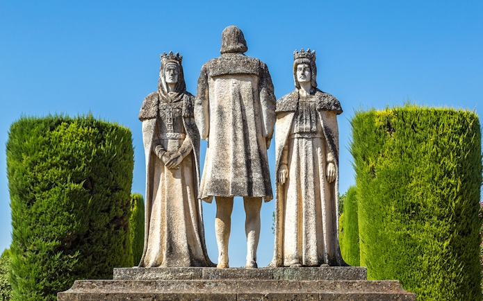 Statues of historical figures in the gardens of Córdoba Alcázar, Spain.