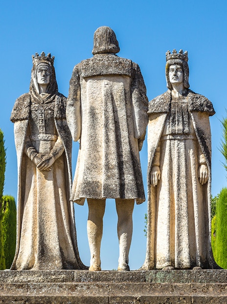 Statues of historical figures in the gardens of Córdoba Alcázar, Spain.