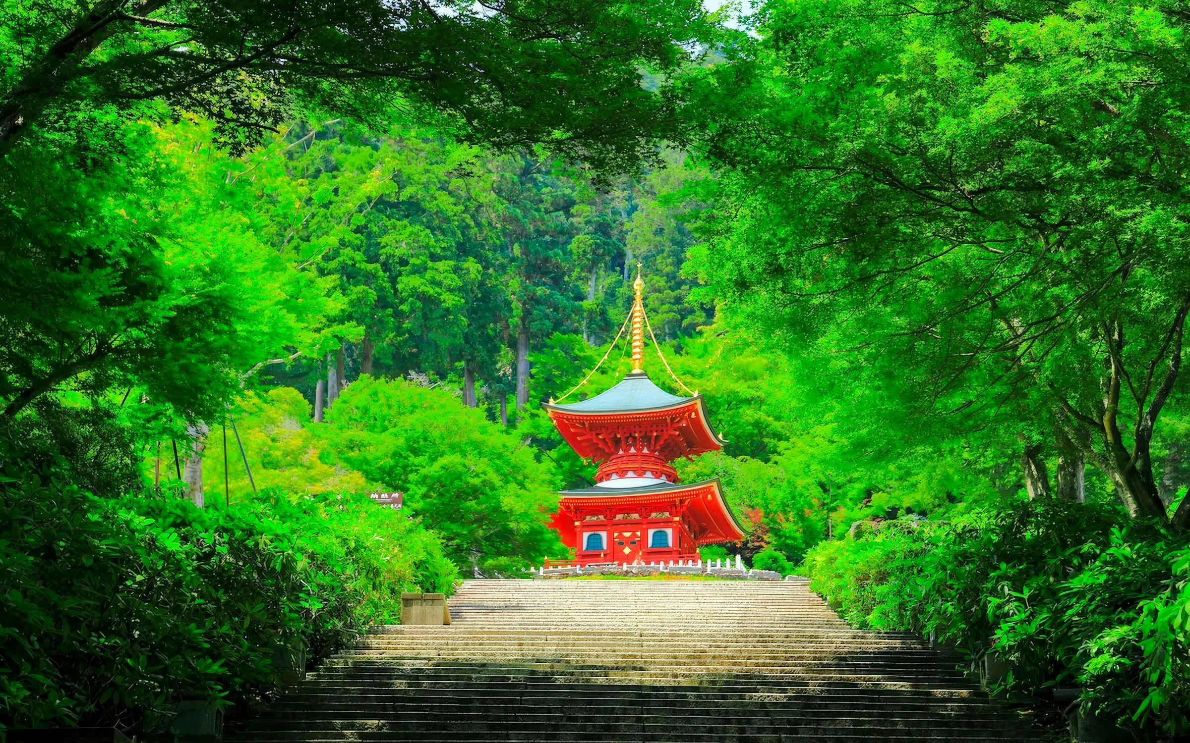 Katsuo-ji Temple pagoda surrounded by lush greenery in Osaka, Japan.