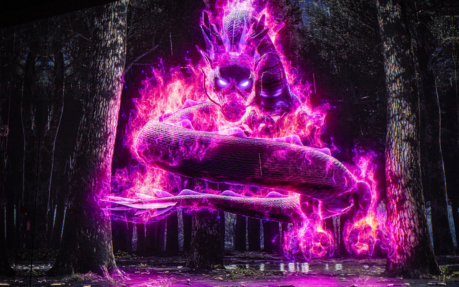 Illuminated snake in forest exhibit, Arte Museum Dubai.