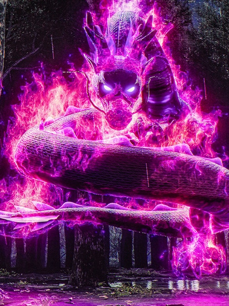 Illuminated snake in forest exhibit, Arte Museum Dubai.