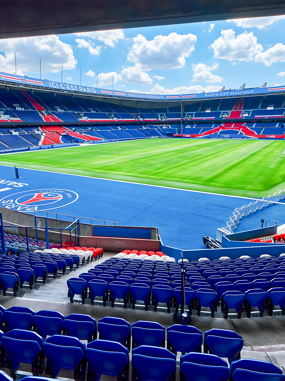 PSG Stadium seating and field view, Paris, France.