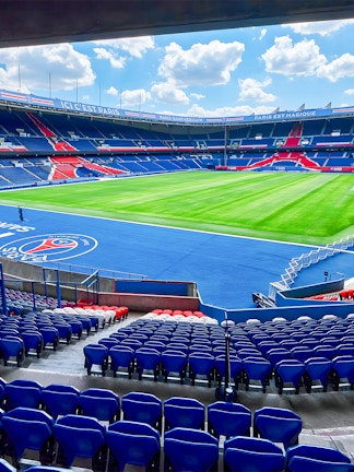 PSG Stadium seating and field view, Paris, France.