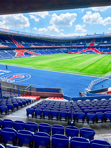 PSG Stadium seating and field view, Paris, France.
