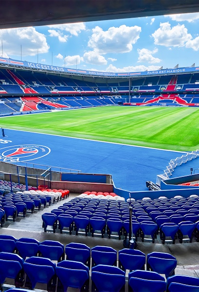 PSG Stadium seating and field view, Paris, France.