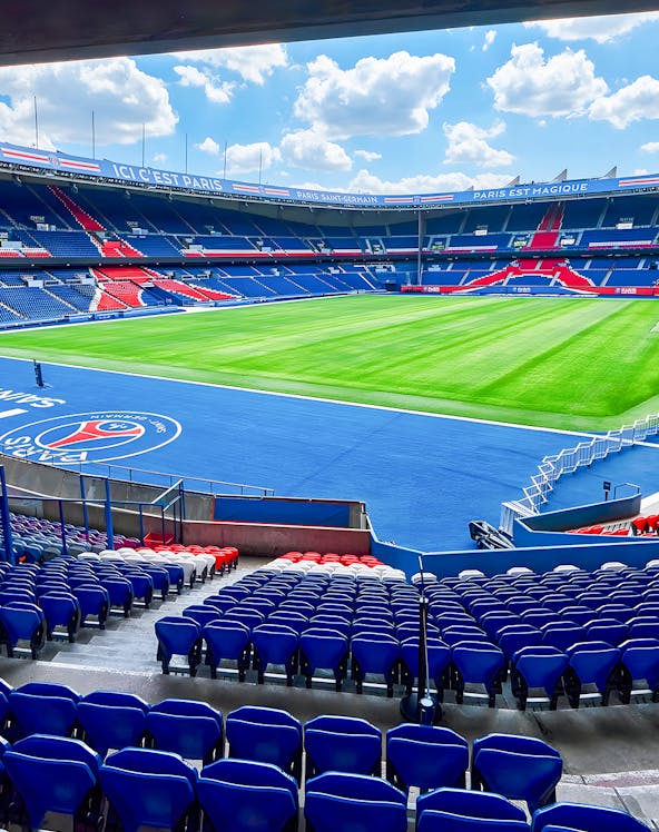 PSG Stadium seating and field view, Paris, France.
