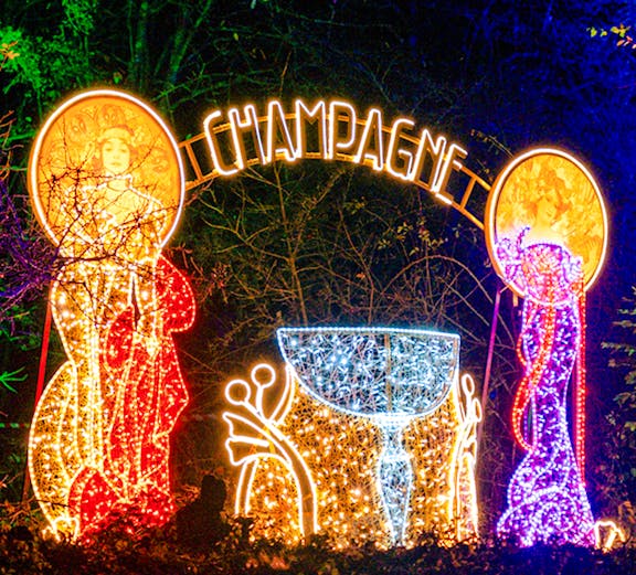 Illuminated champagne display at Lumina Park Wonderworld.