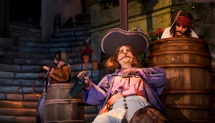 Pirate figures in barrels on the Pirates of the Caribbean ride at Disneyland, California.