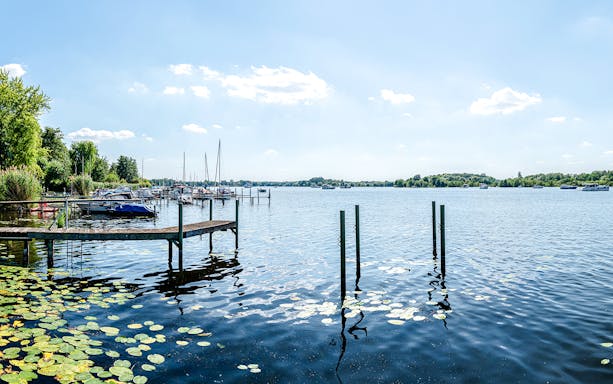 Boats docked on Havel River near Heiligensee, Berlin, with lily pads and clear sky.