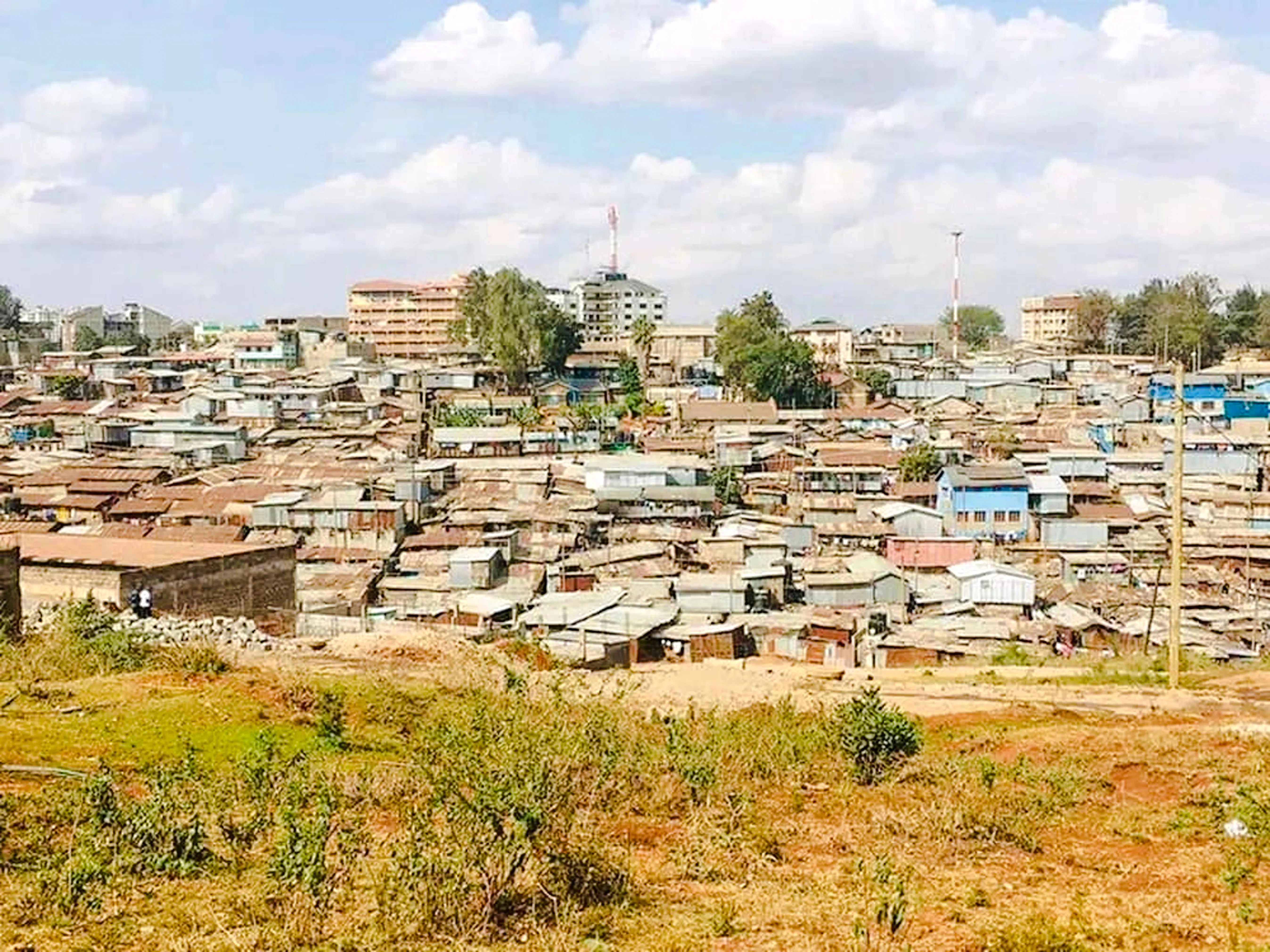 Kibera slum landscape in Nairobi, showcasing densely packed rooftops and surrounding greenery.