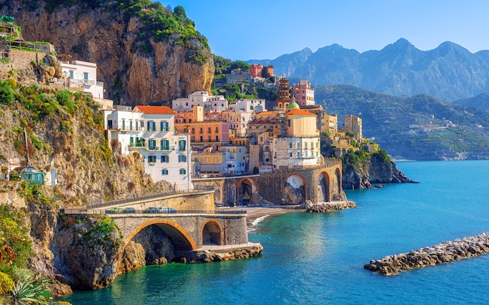 Cliffside village with colorful buildings along the Amalfi Coast, Italy.