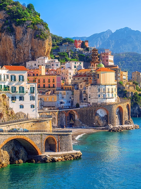 Cliffside village with colorful buildings along the Amalfi Coast, Italy.