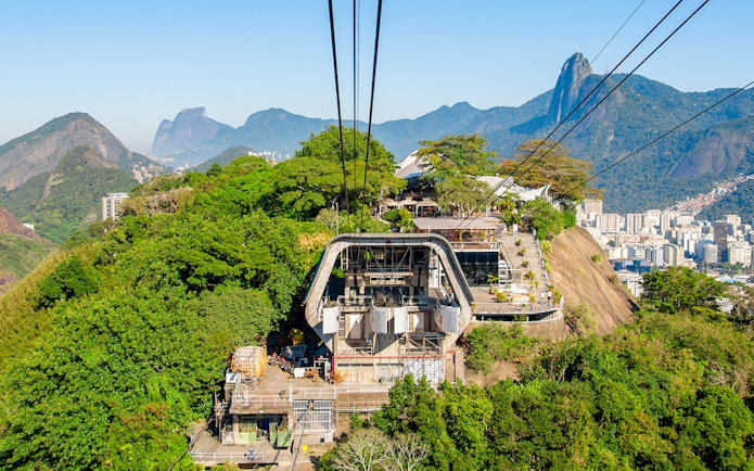Cable car station on Urca Mountain with Rio de Janeiro cityscape in the background.