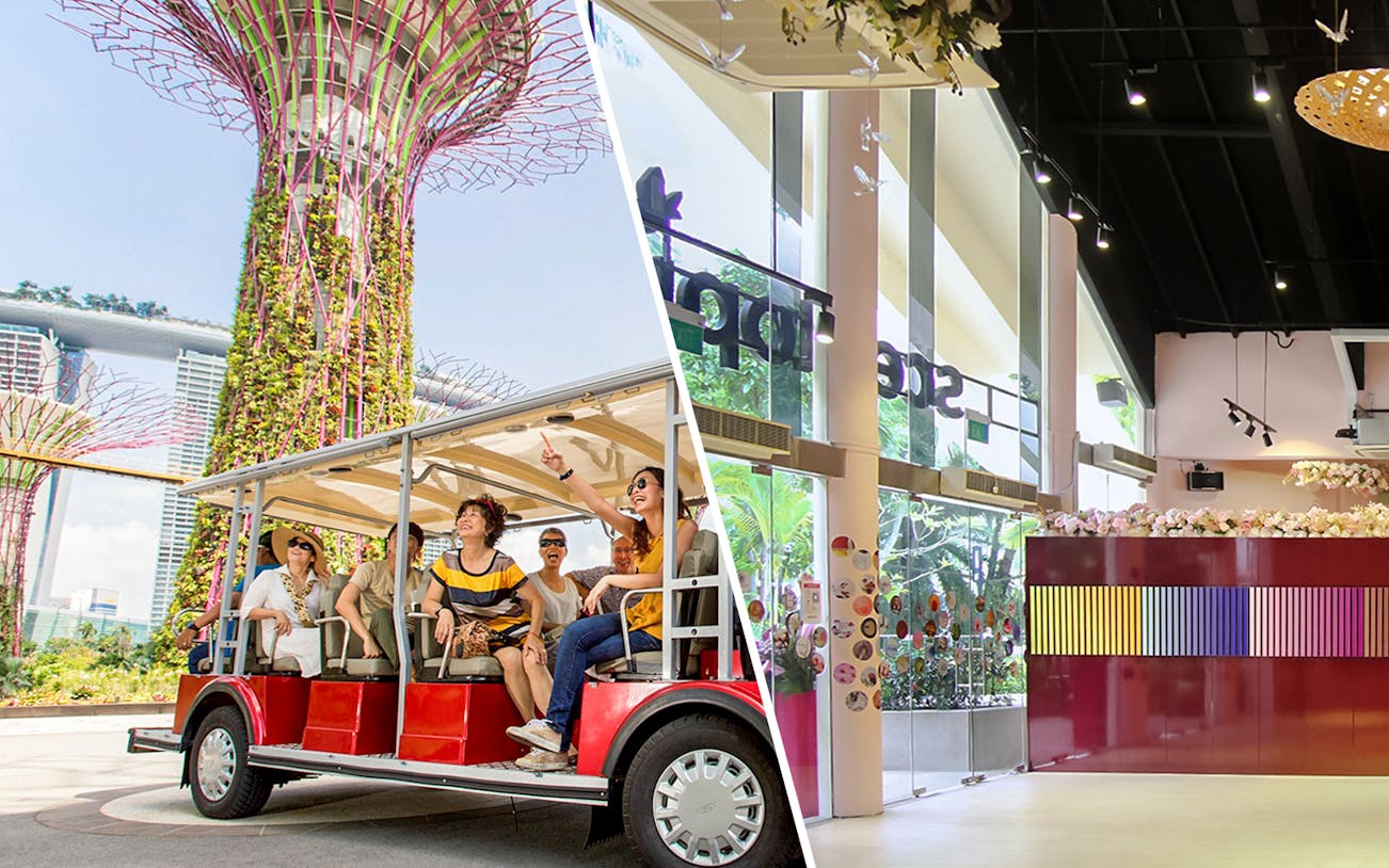 Garden by the Bay tram tour and Scentopia interior in Singapore.