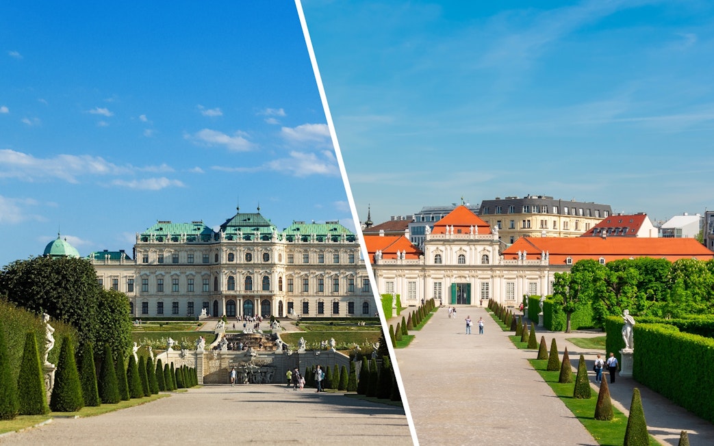 Upper Belvedere and gardens in Vienna, Austria, showcasing Baroque architecture.